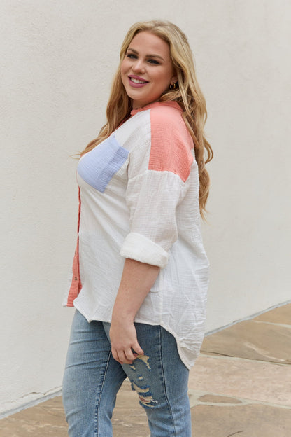 White Birch Full Size Color Block Woven Button Down Top-Teresa&#39;s Fashionista LLC