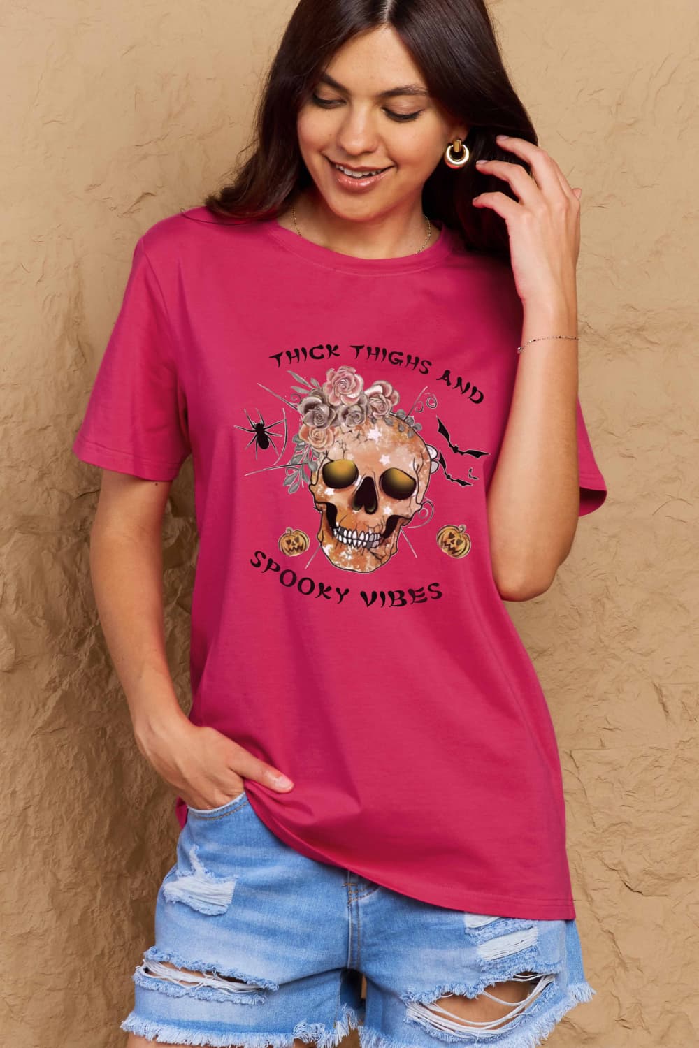 Simply Love Full Size THICK THIGHS AND SPOOKY VIBES Graphic Cotton T-Shirt-Teresa&#39;s Fashionista LLC