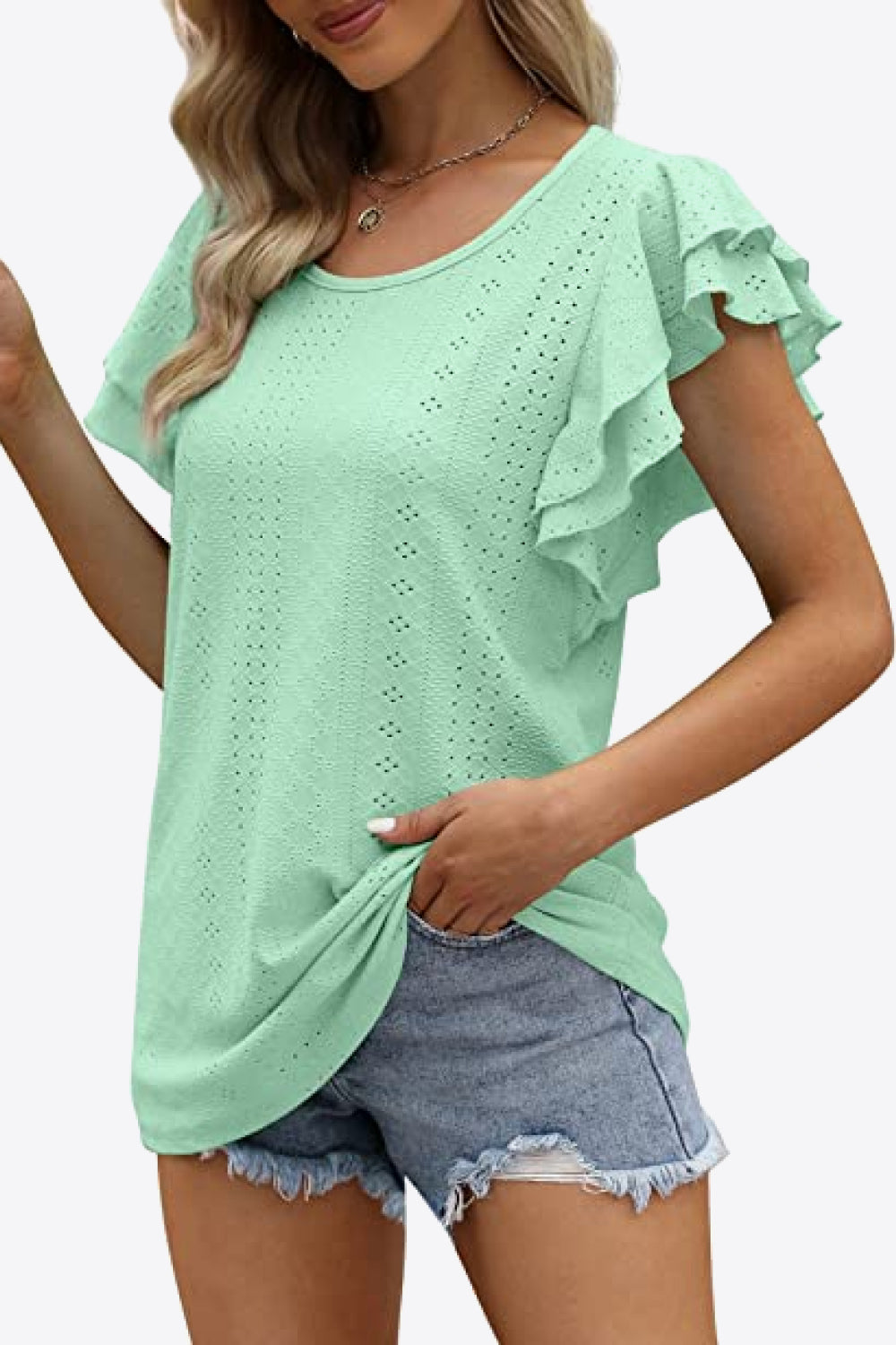 Round Neck Layered Flutter Sleeve Blouse-Teresa&#39;s Fashionista LLC