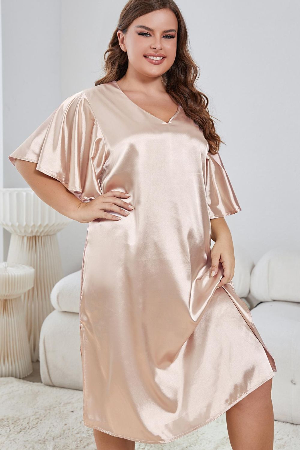 Plus Size Flutter Sleeve V-Neck Side Slit Night Gown-Teresa&#39;s Fashionista LLC