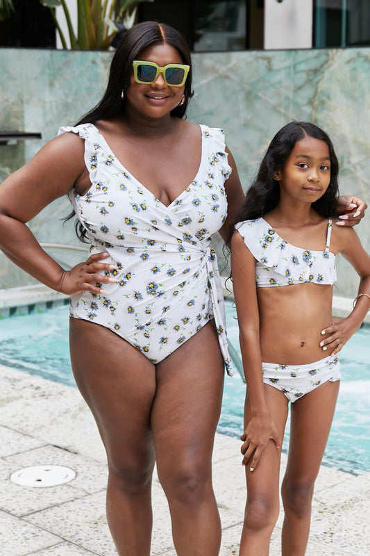 Marina West Swim Float On Ruffle Faux Wrap One-Piece in Daisy Cream-Teresa&#39;s Fashionista LLC