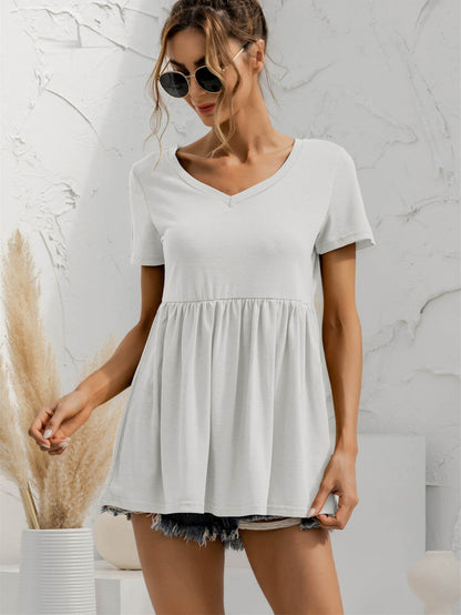 V-Neck Short Sleeve Babydoll Top-Teresa&#39;s Fashionista LLC