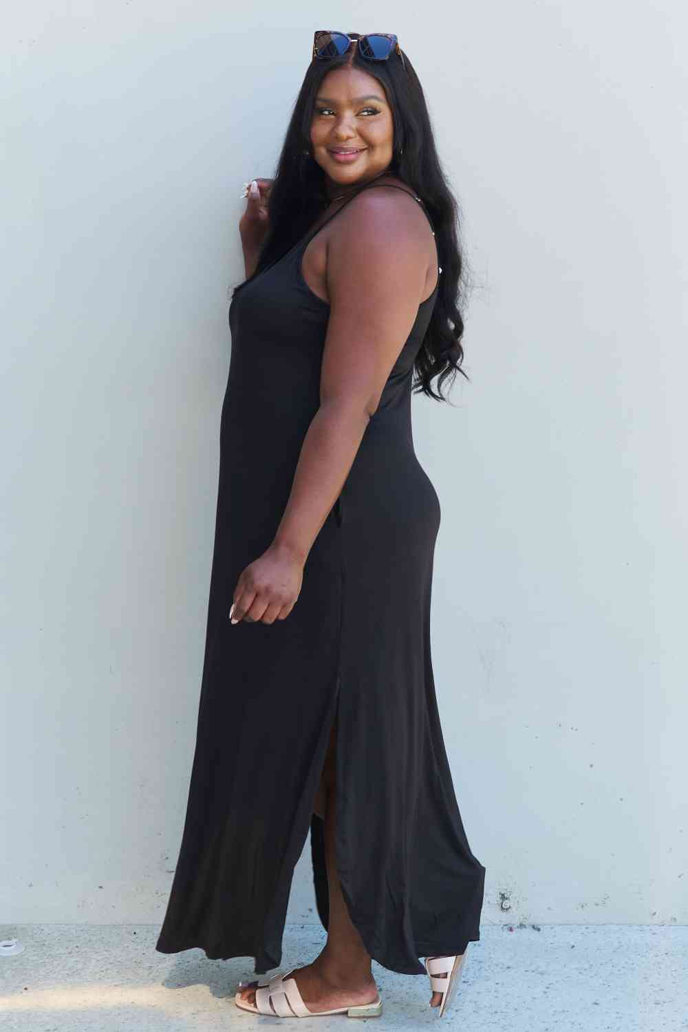 Ninexis Good Energy Full Size Cami Side Slit Maxi Dress in Black-Teresa&#39;s Fashionista LLC