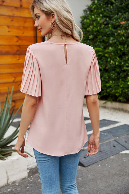 Pleated Flutter Sleeve Round Neck Blouse-Teresa&#39;s Fashionista LLC