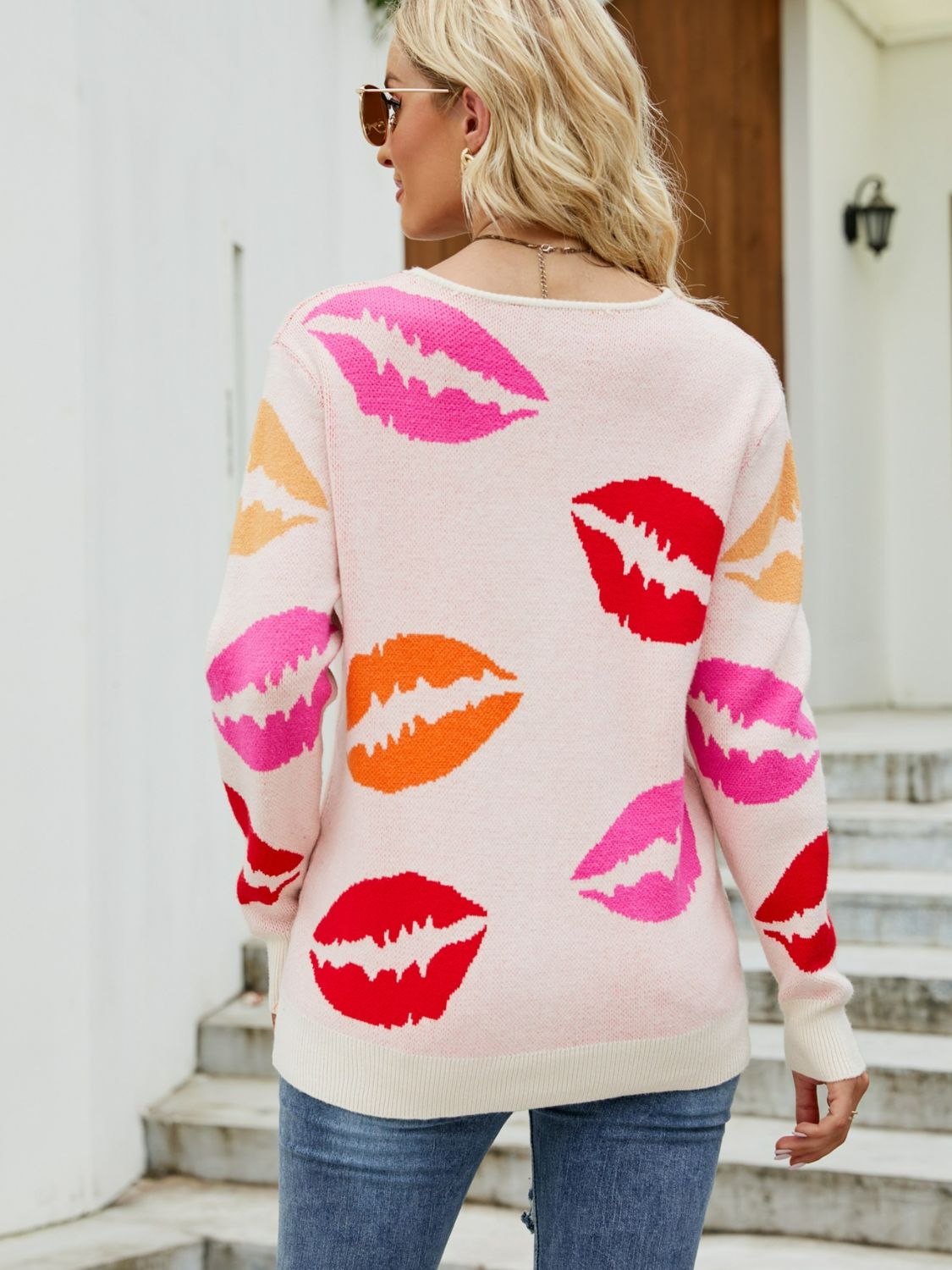 Lip Print V-Neck Knit Top-Teresa&#39;s Fashionista LLC