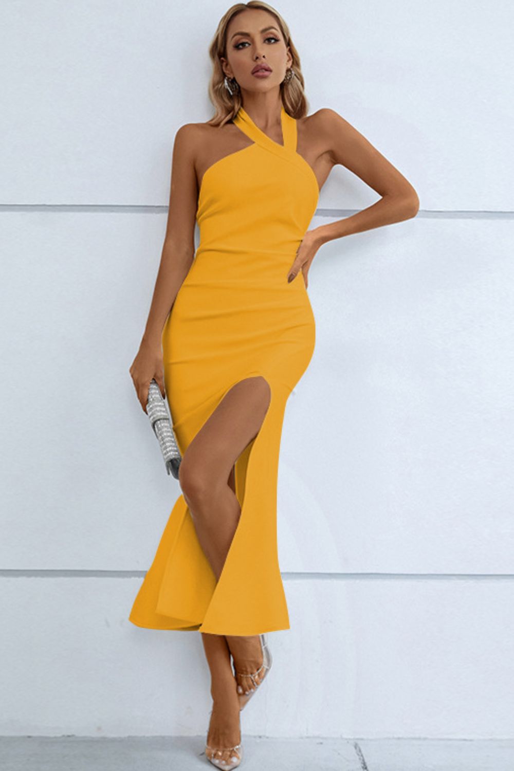 Halter Neck Split Fishtail Bodycon Dress-Teresa&#39;s Fashionista LLC