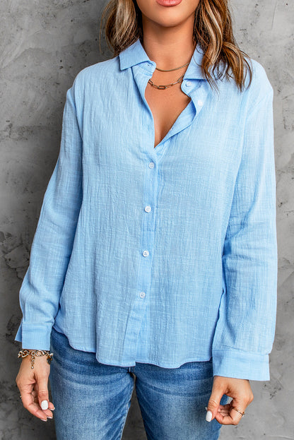 Textured Button Front Curved Hem Shirt-Teresa&#39;s Fashionista LLC