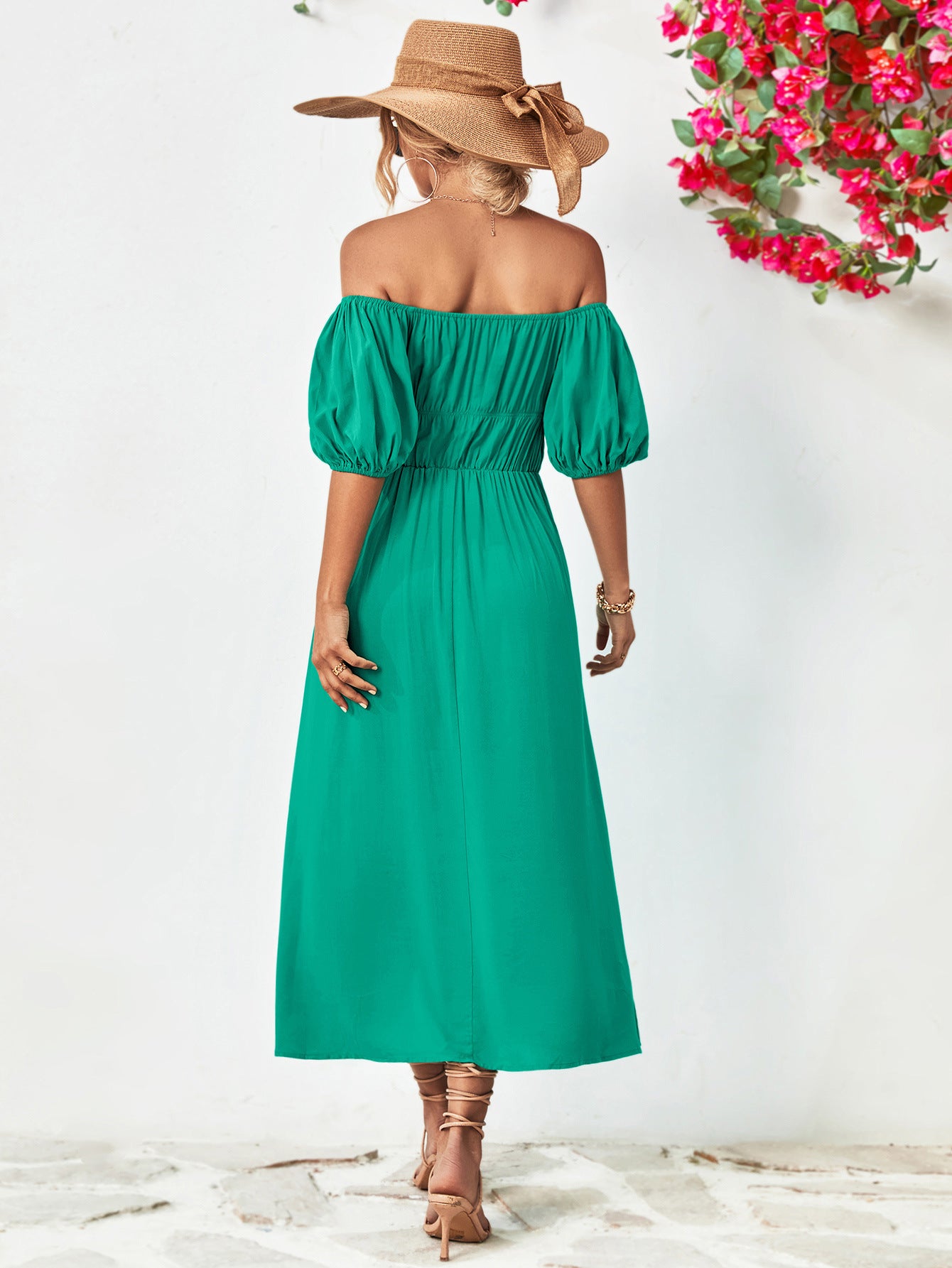 Off-Shoulder Balloon Sleeve Midi Dress-Teresa&#39;s Fashionista LLC