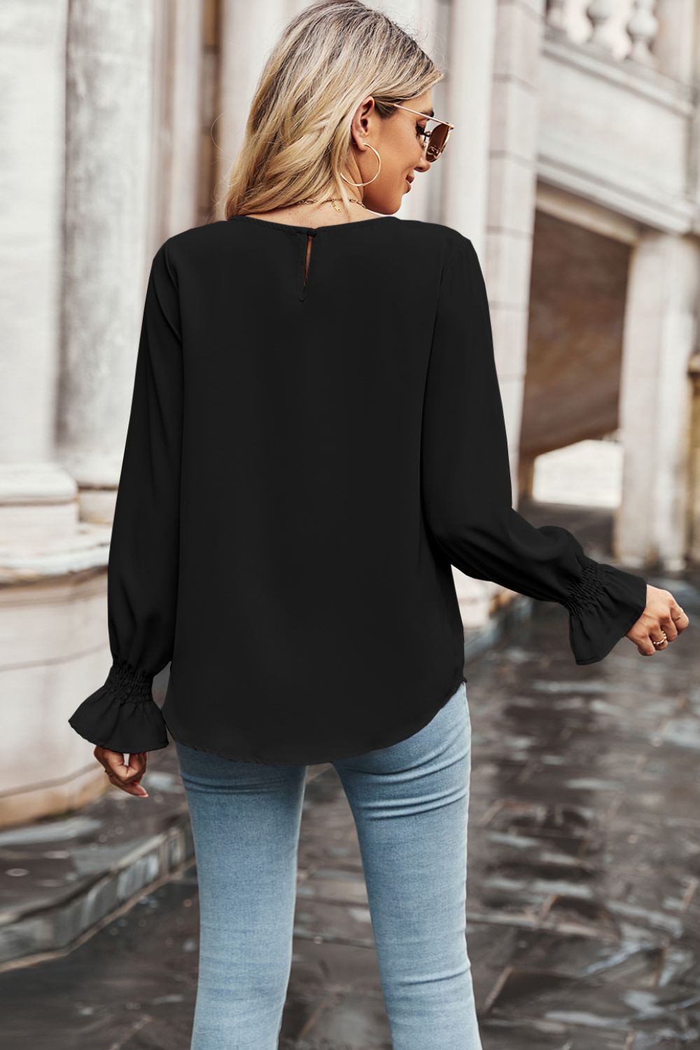 Round Neck Long Flounce Sleeve Blouse-Teresa&#39;s Fashionista LLC