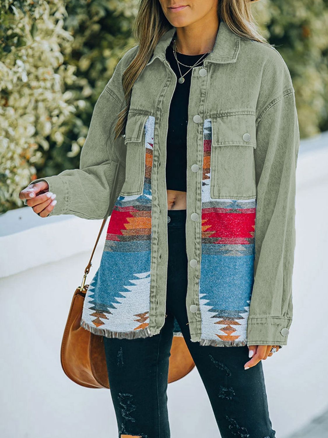 Dropped Shoulder Long Sleeve Printed Denim Jacket-Teresa&#39;s Fashionista LLC