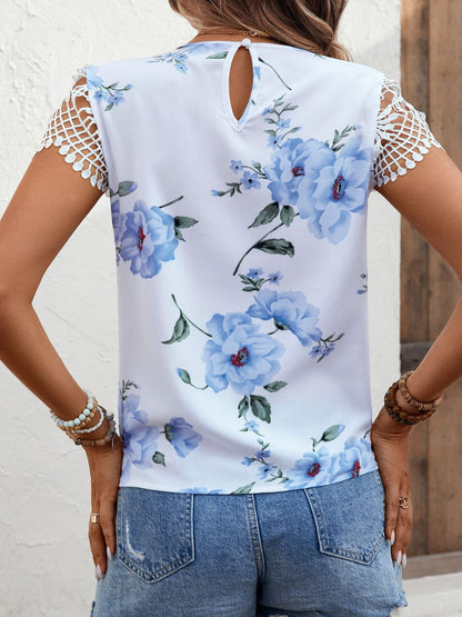 Floral Cutout Round Neck Blouse-Teresa&#39;s Fashionista LLC