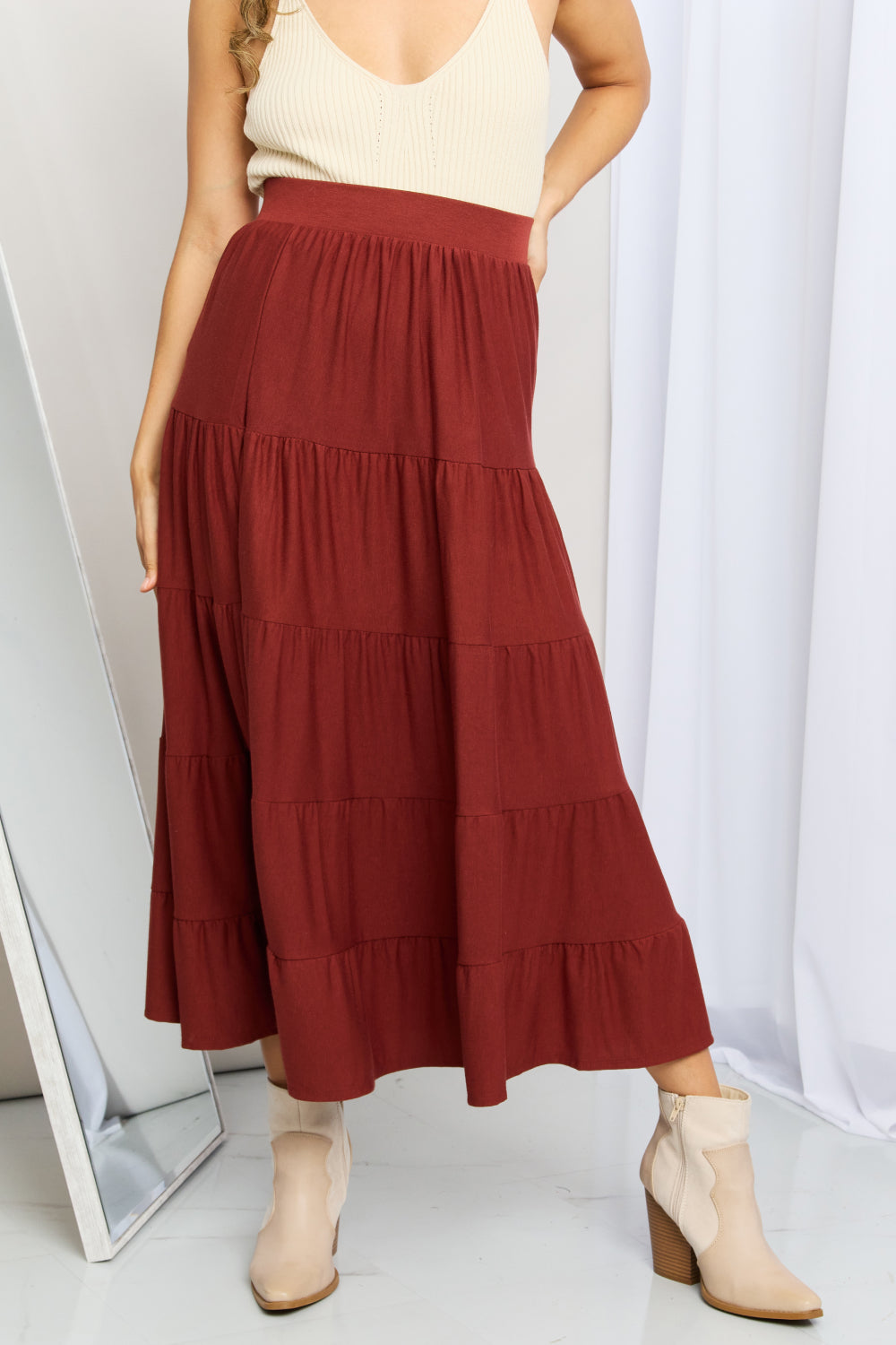 Zenana Full Size Wide Waistband Tiered Midi Skirt-Teresa&#39;s Fashionista LLC