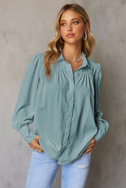 Gathered Detail Puff Sleeve Shirt-Teresa&#39;s Fashionista LLC