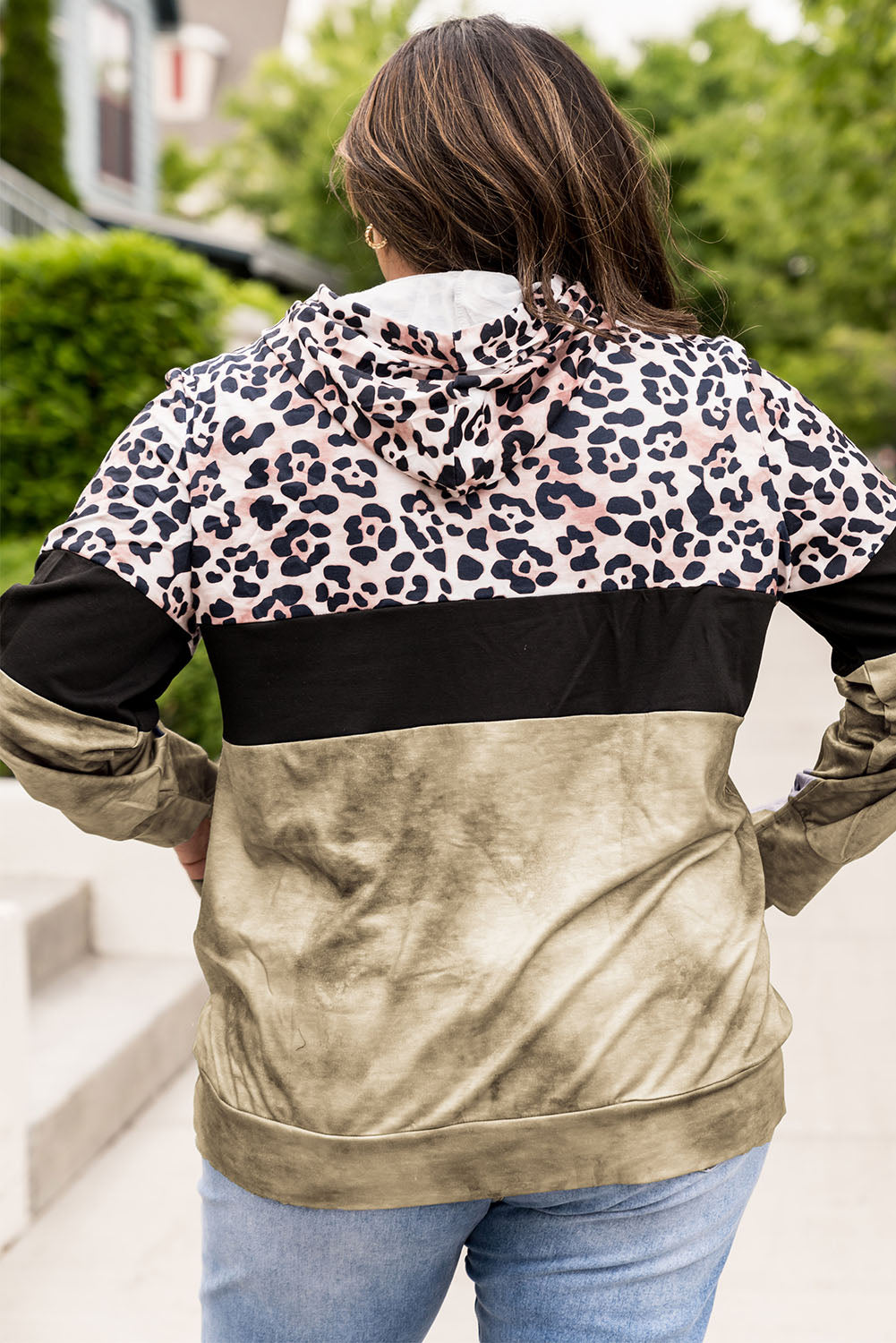 Plus Size Leopard Print Color Block Hoodie with Kangaroo Pocket-Teresa&#39;s Fashionista LLC