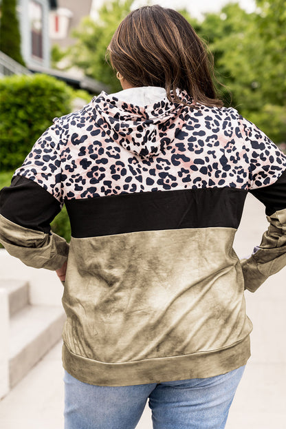 Plus Size Leopard Print Color Block Hoodie with Kangaroo Pocket-Teresa&#39;s Fashionista LLC