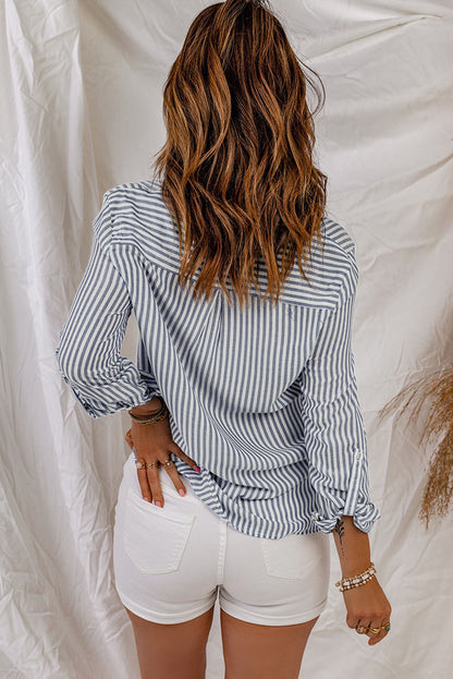 Striped Button-Up Roll-Tab Sleeve Shirt-Teresa&#39;s Fashionista LLC