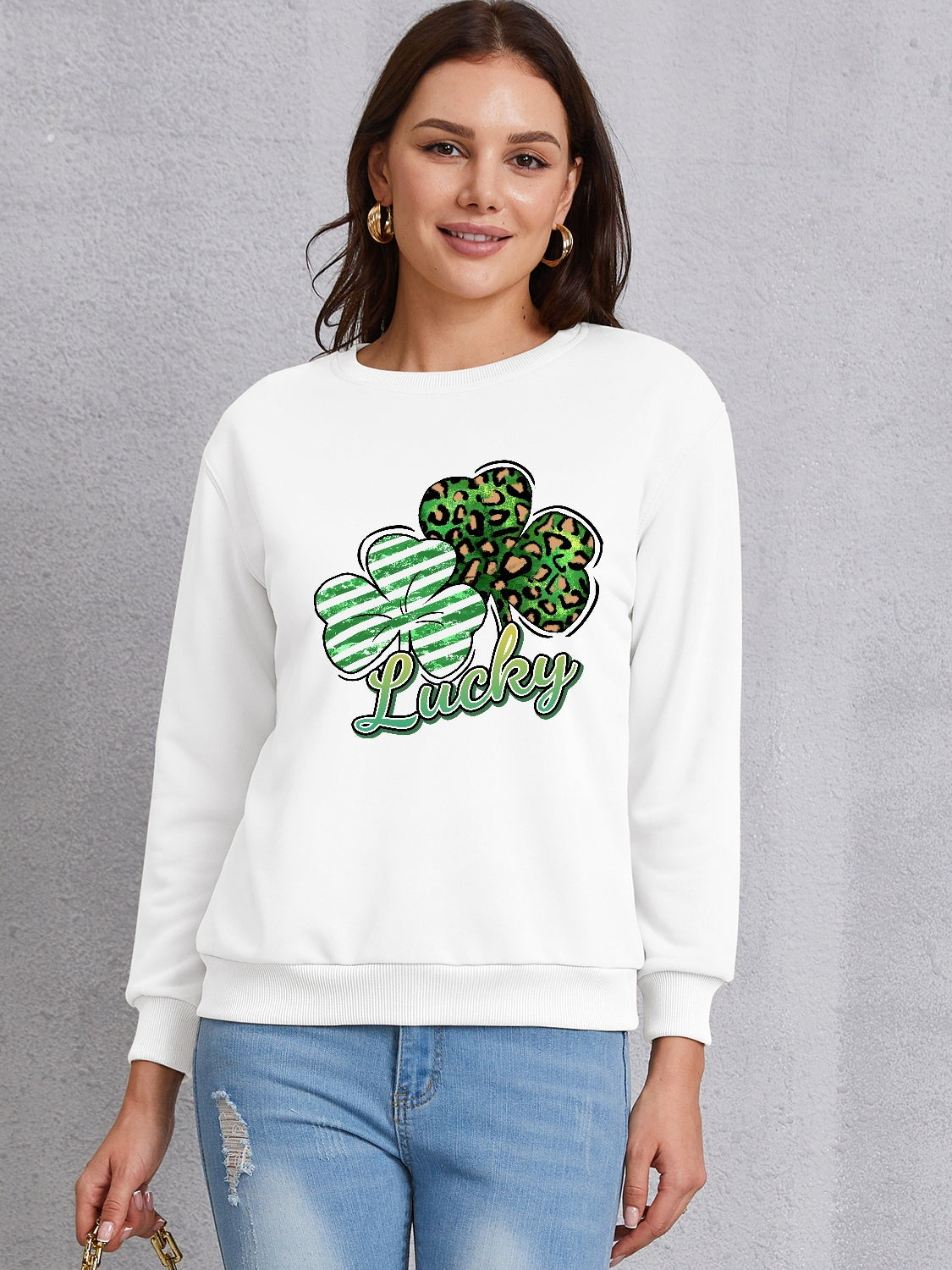 Lucky Clover Round Neck Dropped Shoulder Sweatshirt-Teresa&#39;s Fashionista LLC