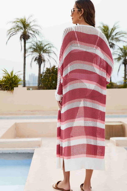 Striped Open Front Side Slit Duster Cover Up-Teresa&#39;s Fashionista LLC