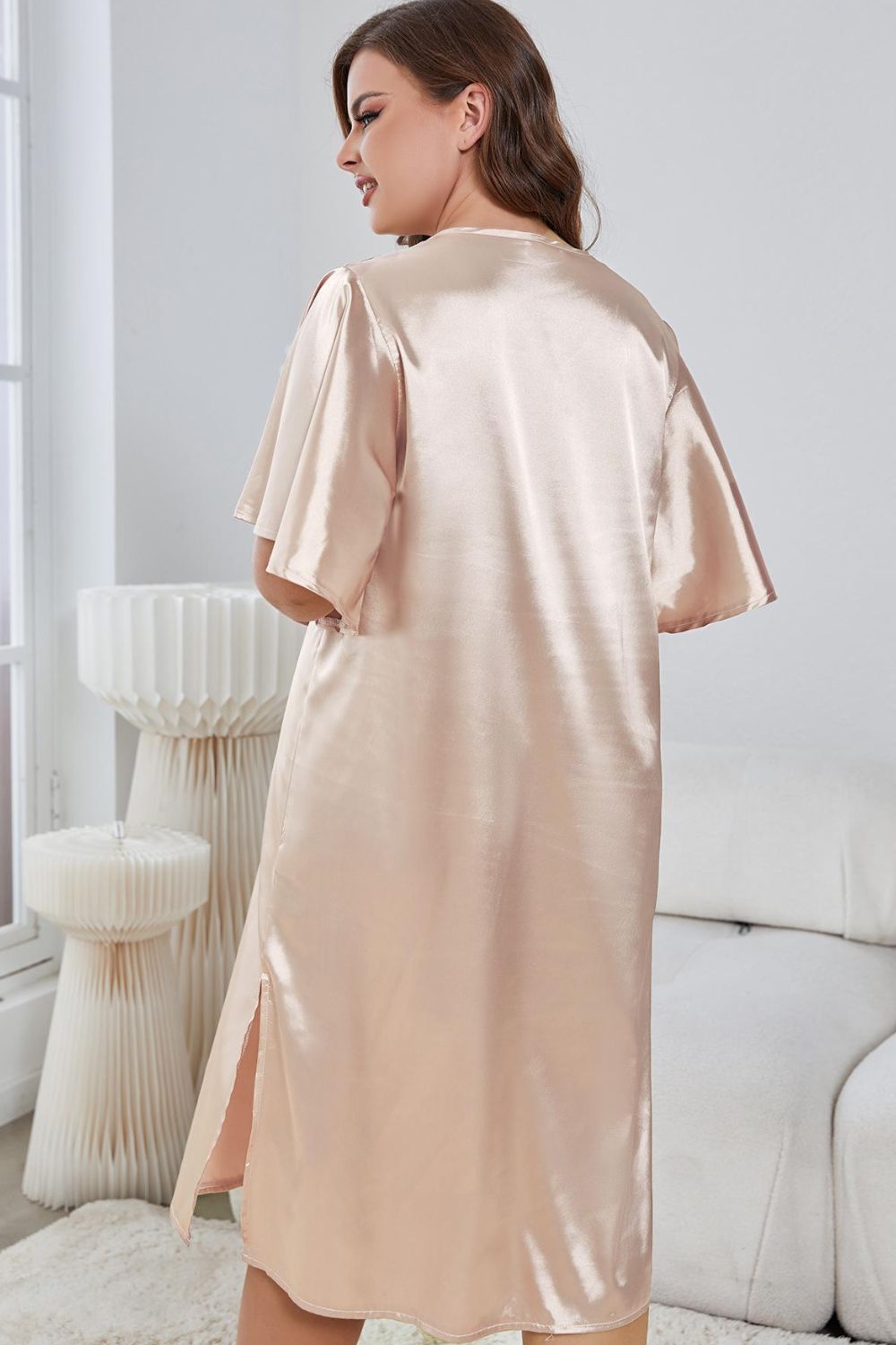 Plus Size Flutter Sleeve V-Neck Side Slit Night Gown-Teresa&#39;s Fashionista LLC