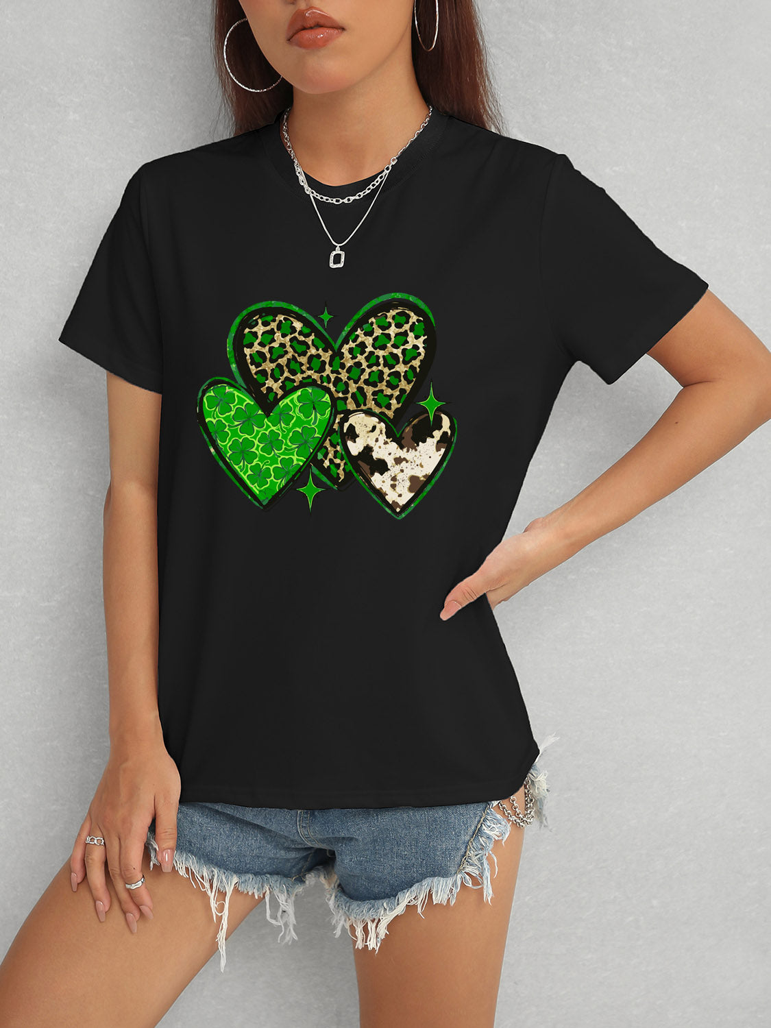 Heart Round Neck Short Sleeve T-Shirt-Teresa&#39;s Fashionista LLC