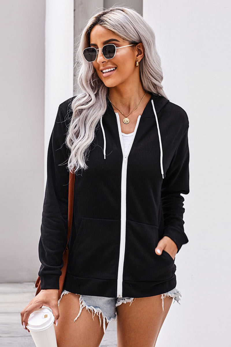 Solid Pocket Zipper Hoodie-Teresa&#39;s Fashionista LLC