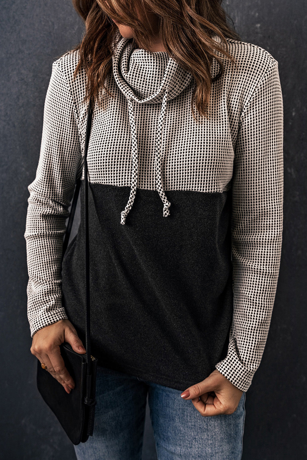 Two-Tone Waffle-Knit Drawstring Cowl Neck Sweatshirt-Teresa&#39;s Fashionista LLC