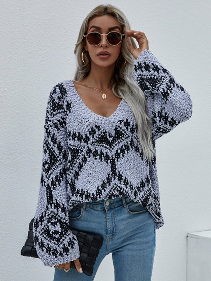 Geometric Print Chunky Knit Sweater-Teresa&#39;s Fashionista LLC