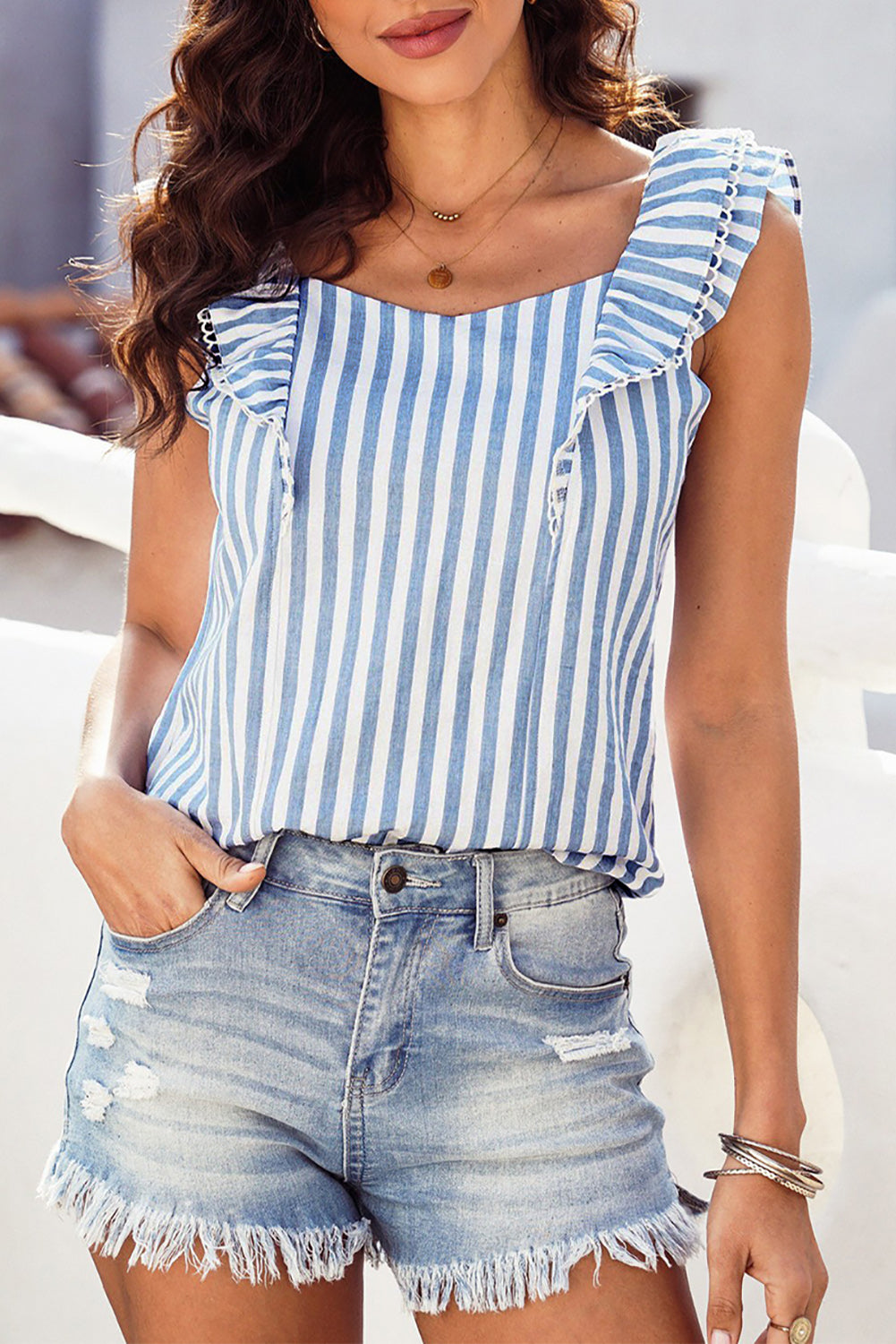 Striped Tie Back Ruffled Tank-Teresa&#39;s Fashionista LLC