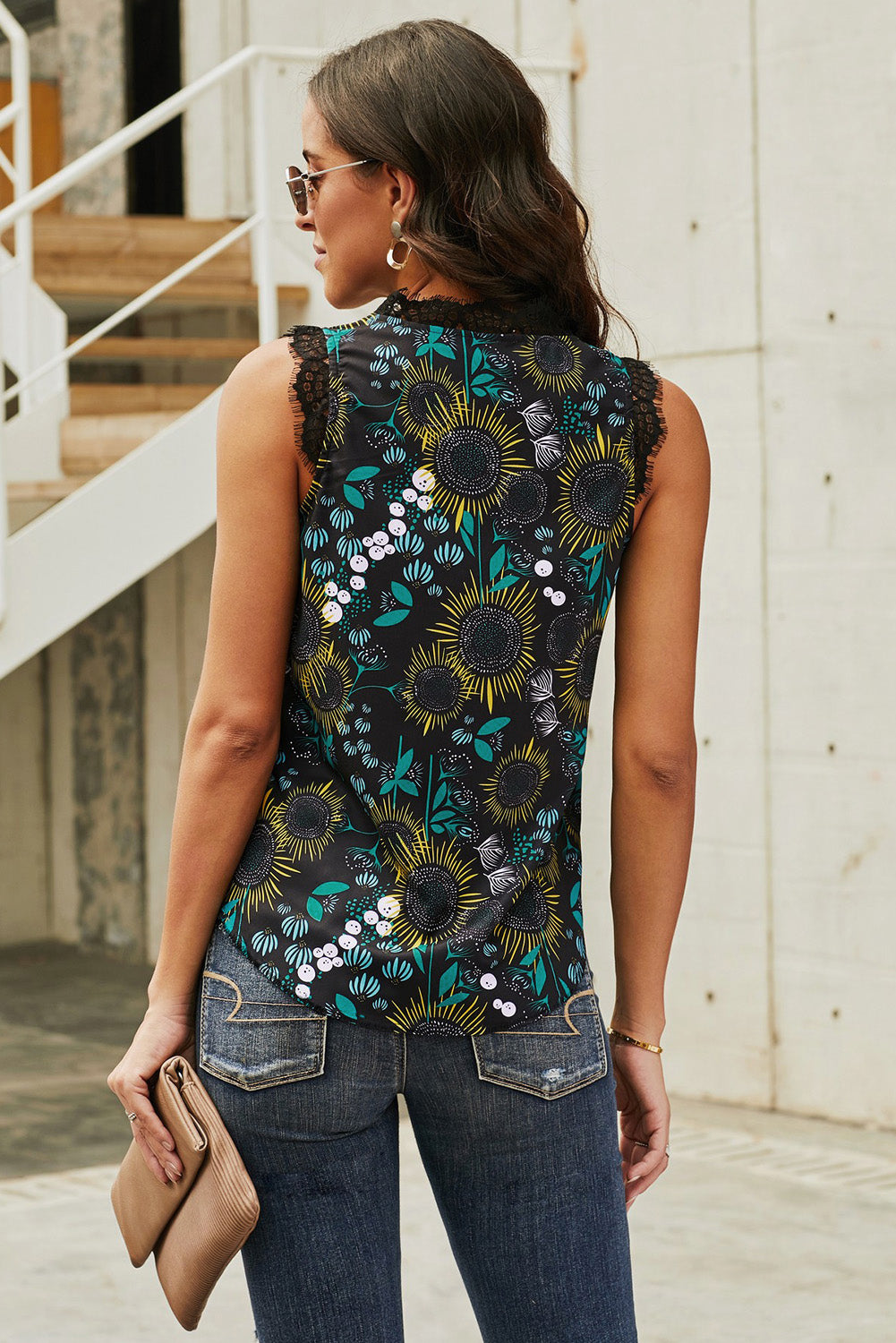 Sunflower Print Lace Trim Tank-Teresa&#39;s Fashionista LLC