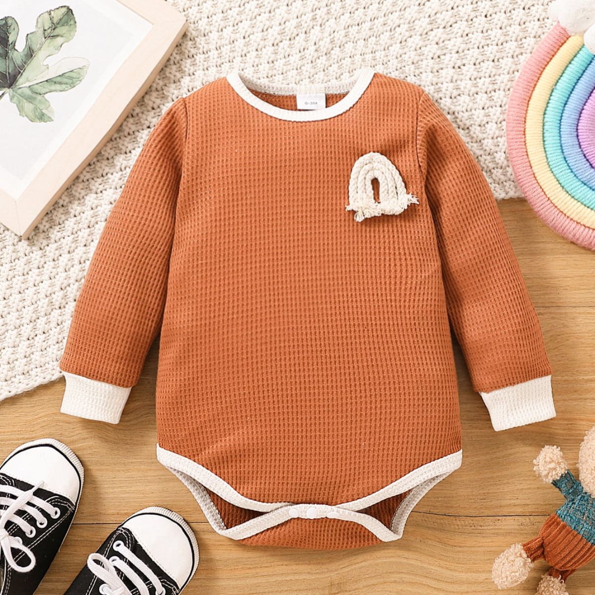 Baby Contrast Trim Waffle-Knit Long Sleeve Bodysuit-Teresa&#39;s Fashionista LLC