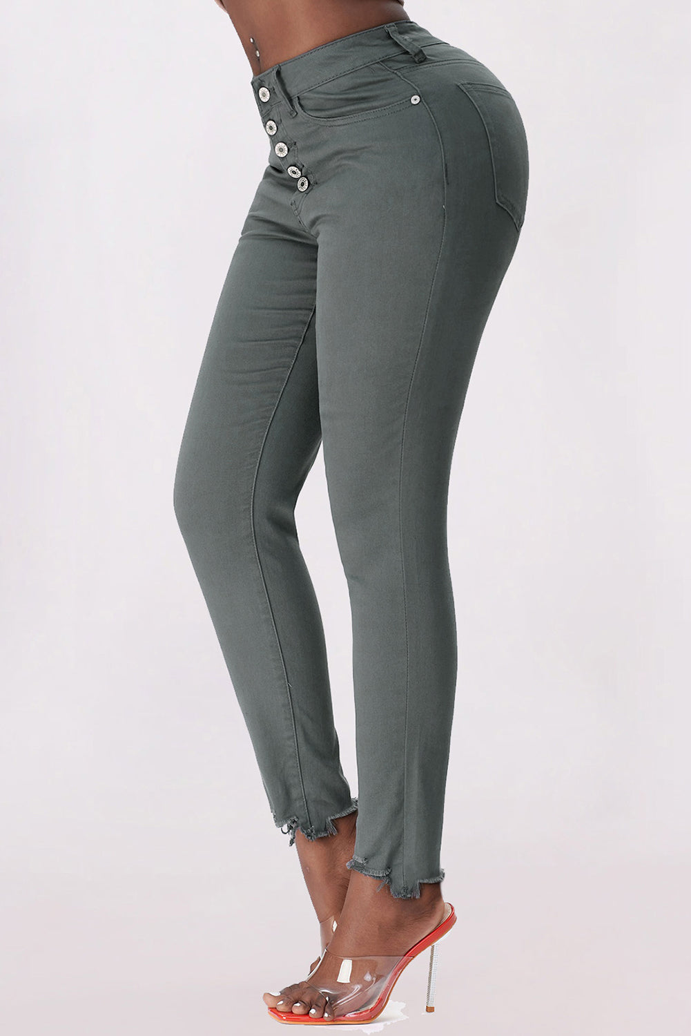 Button Fly Hem Detail Skinny Jeans-Teresa&#39;s Fashionista LLC