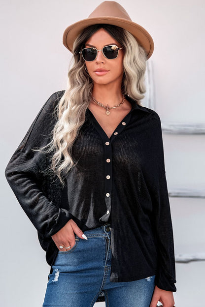 Button Front Dropped Shoulder Knit Shirt-Teresa&#39;s Fashionista LLC