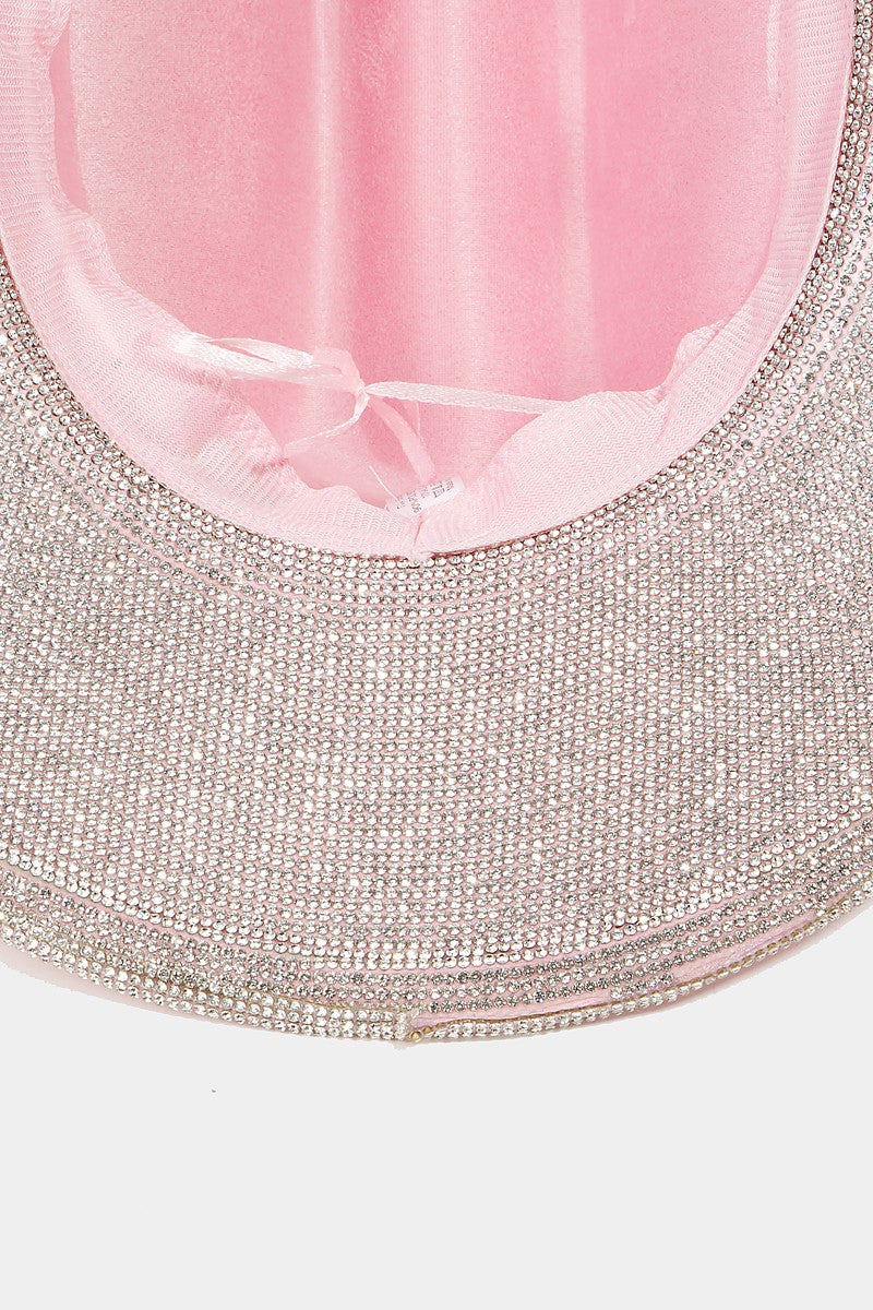 Fame Pave Rhinestone Trim Faux Suede Hat-Teresa&#39;s Fashionista LLC