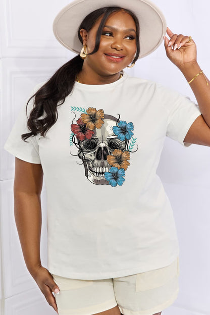 Simply Love Full Size Flower Skull Graphic Cotton Tee-Teresa&#39;s Fashionista LLC