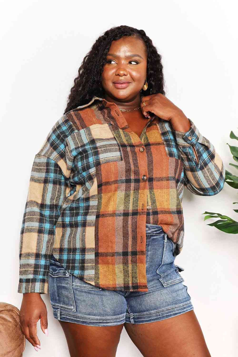 Double Take Plaid Curved Hem Shirt Jacket with Breast Pockets-Teresa&#39;s Fashionista LLC