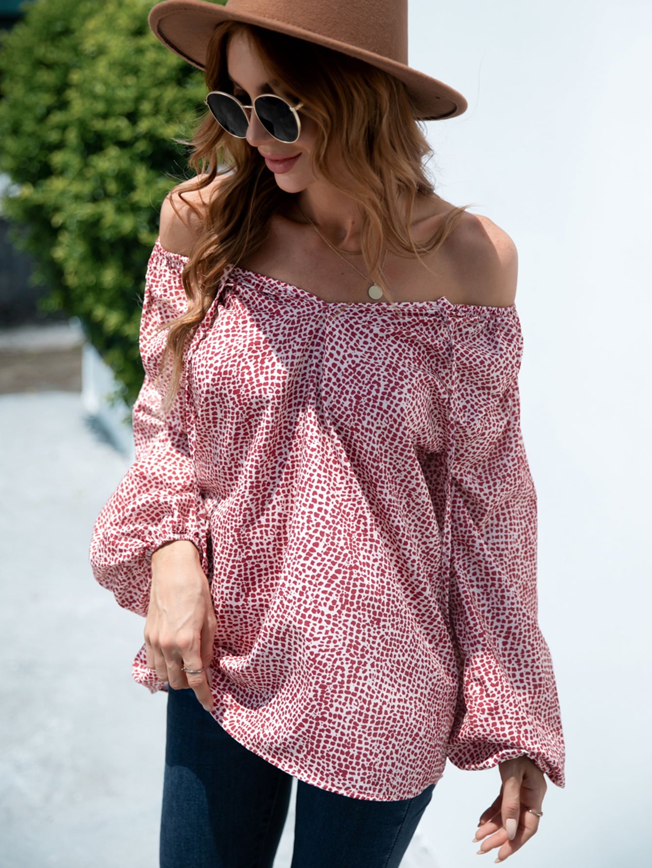 Printed Tie-Neck Balloon Sleeve Blouse-Teresa&#39;s Fashionista LLC