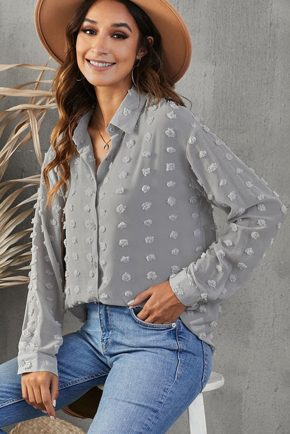 Swiss Dot Button-Up Long Sleeve Shirt-Teresa&#39;s Fashionista LLC