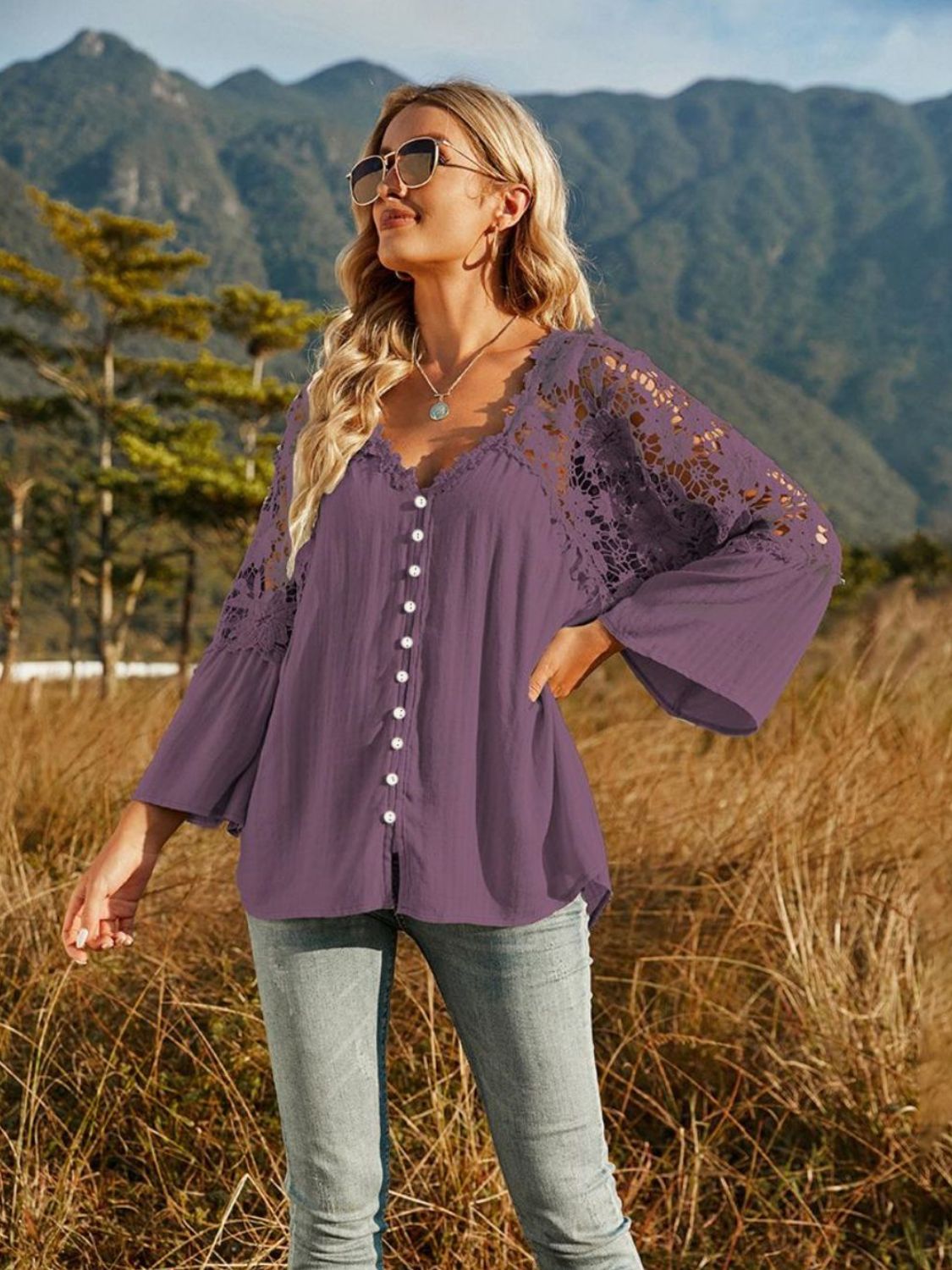 Spliced Lace Buttoned Blouse-Teresa&#39;s Fashionista LLC