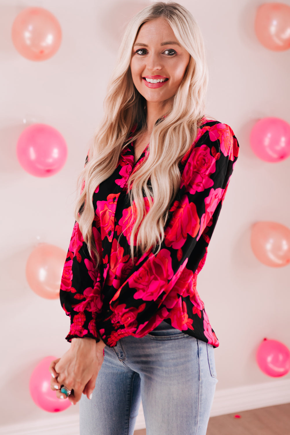 Floral Button Front Lantern Sleeve Shirt-Teresa&#39;s Fashionista LLC