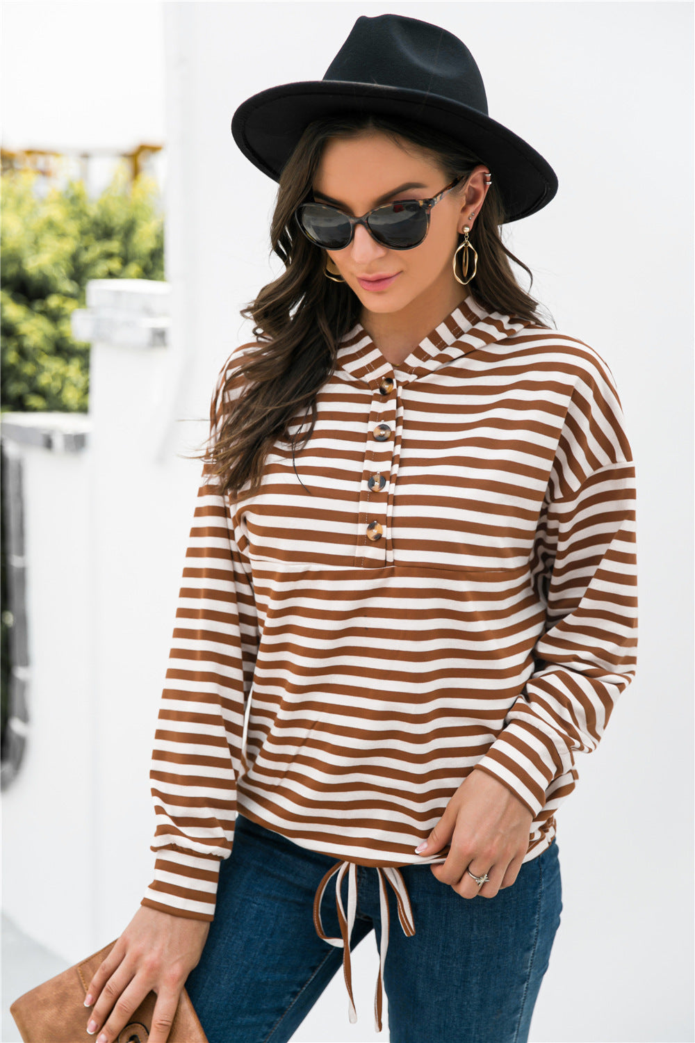 Striped Half-Button Dropped Shoulder Hoodie-Teresa&#39;s Fashionista LLC