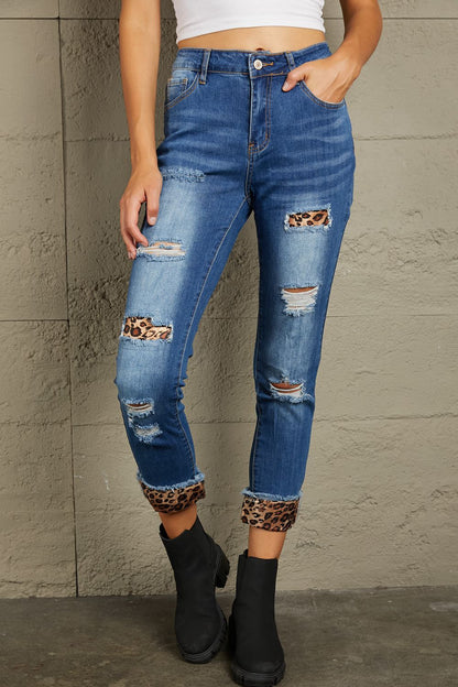 Baeful Leopard Patch Distressed Cropped Jeans-Teresa&#39;s Fashionista LLC