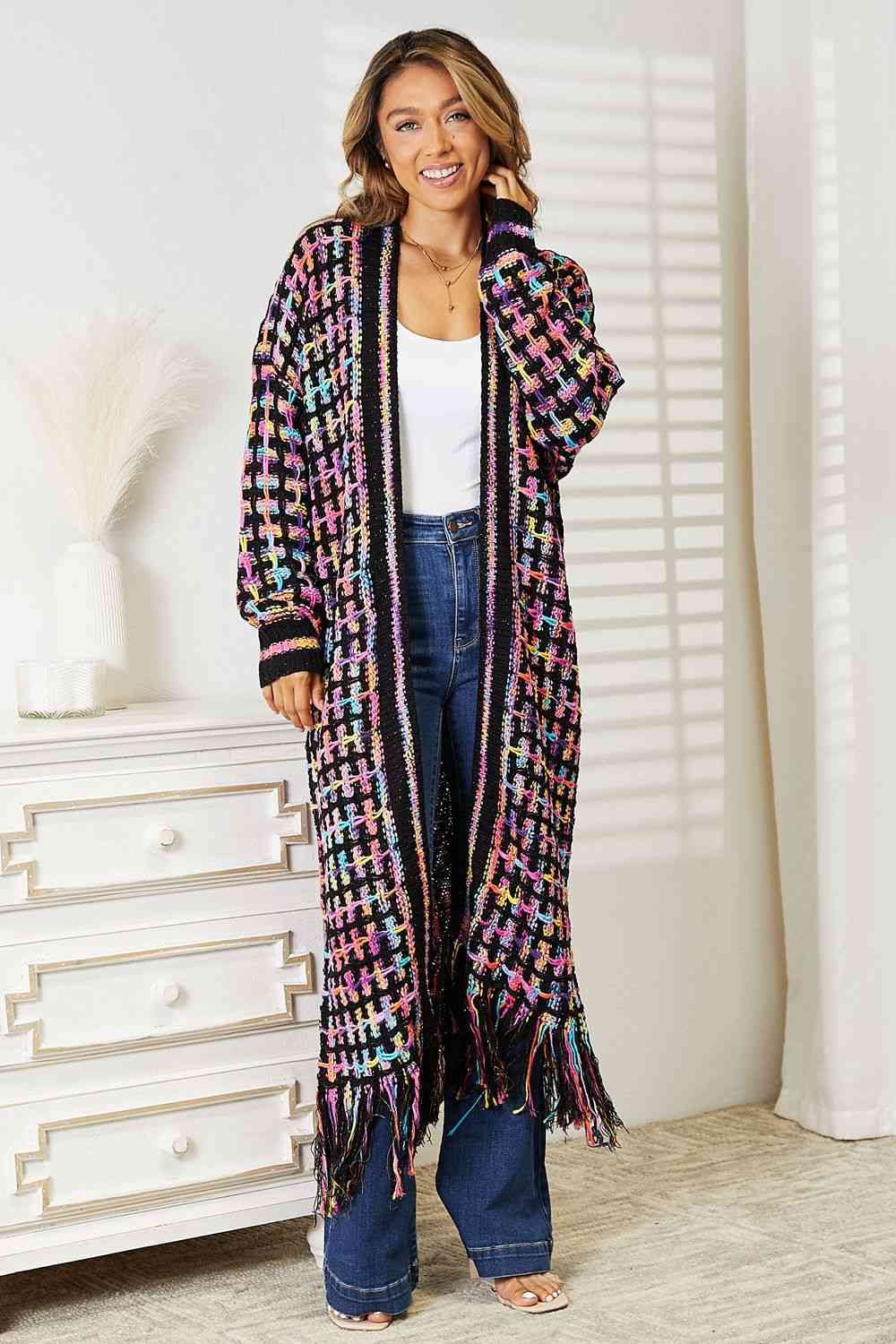 Double Take Full Size Multicolored Open Front Fringe Hem Cardigan-Teresa&#39;s Fashionista LLC