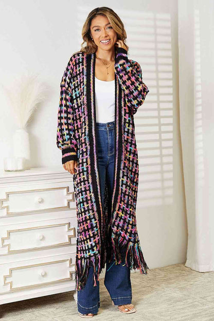 Double Take Full Size Multicolored Open Front Fringe Hem Cardigan-Teresa&#39;s Fashionista LLC