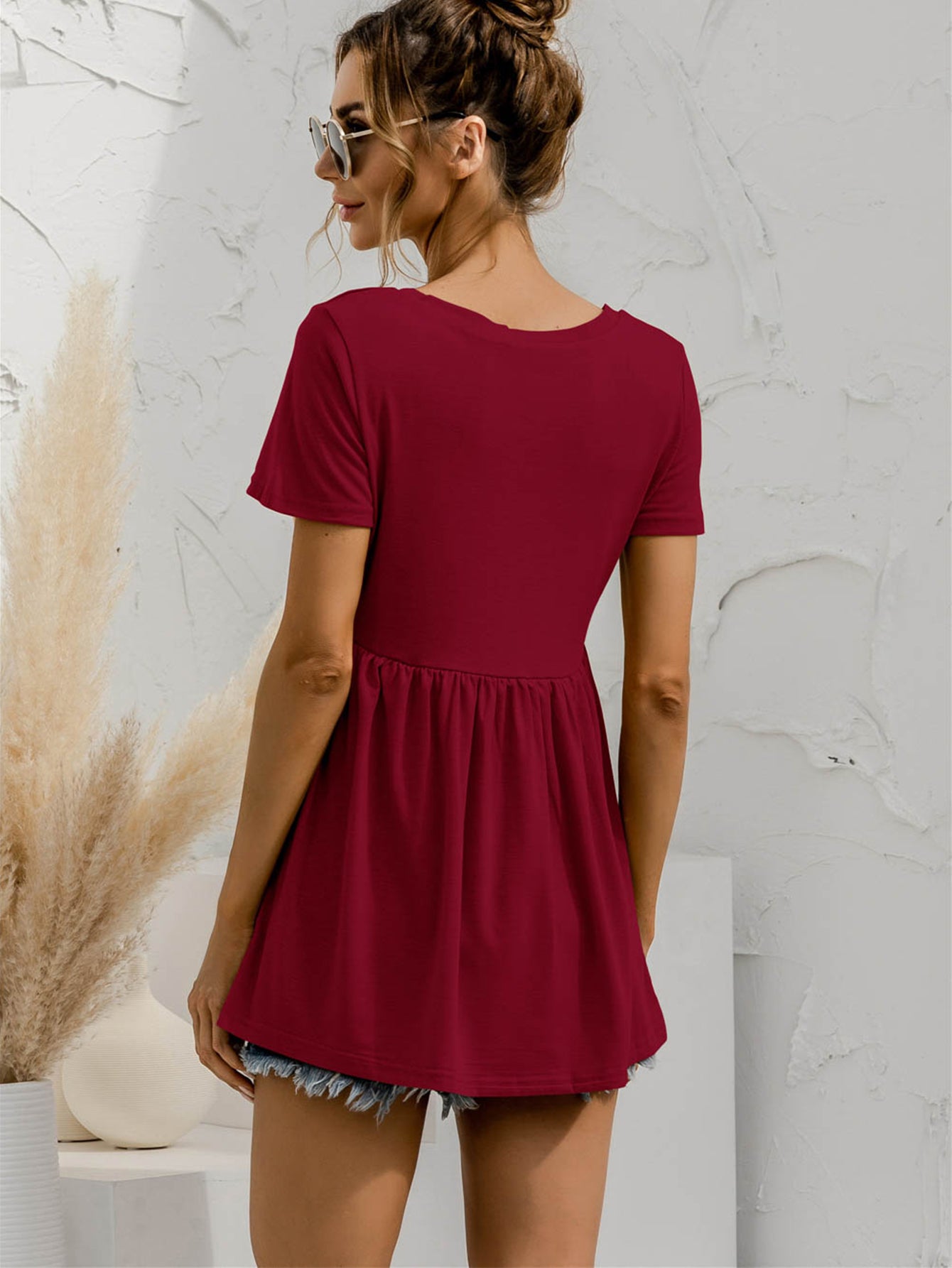 V-Neck Short Sleeve Babydoll Top-Teresa&#39;s Fashionista LLC