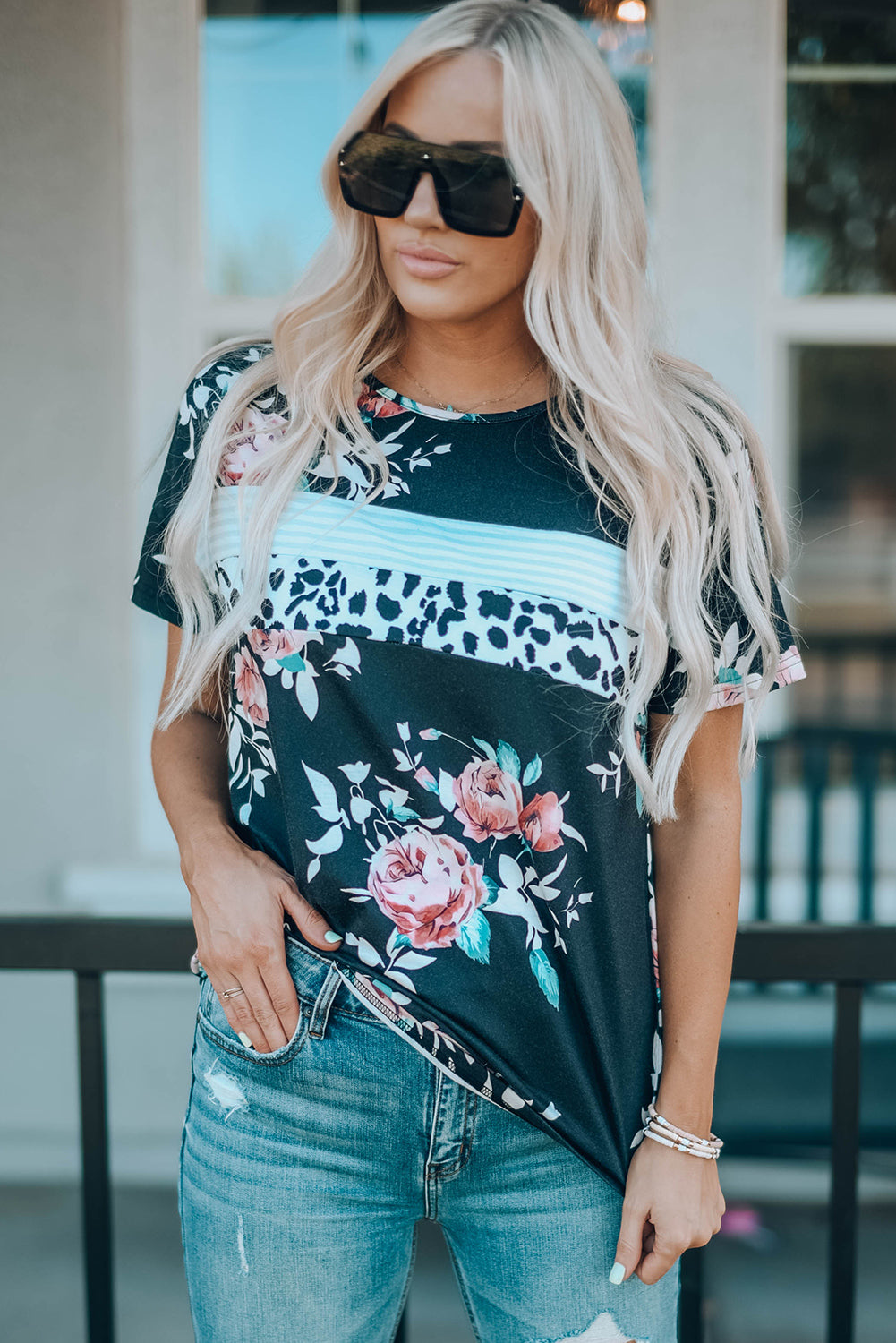 Floral Round Neck Short Sleeve Tee-Teresa&#39;s Fashionista LLC