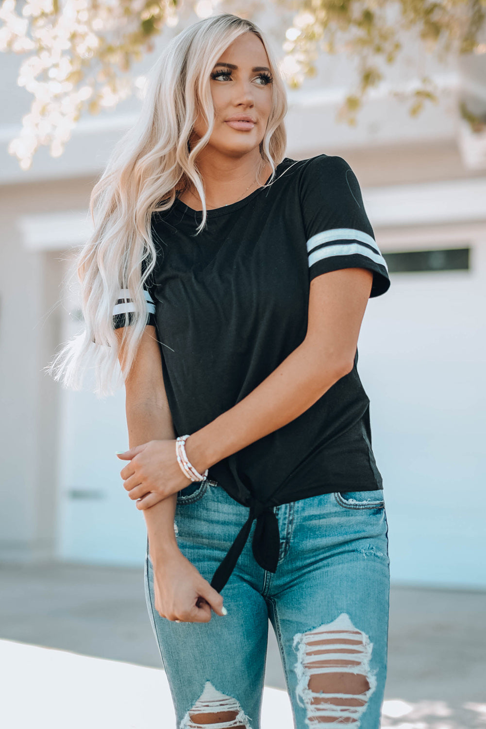 Women Striped Tie Front T-Shirt-Teresa&#39;s Fashionista LLC