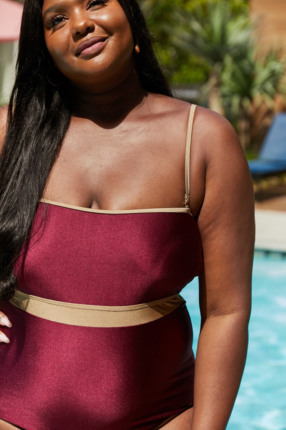 Marina West Swim Wave Break Contrast Trim One-Piece in Wine-Teresa&#39;s Fashionista LLC