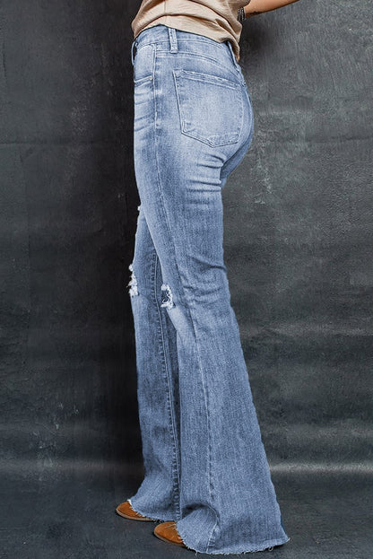 Distressed Raw Hem Flare Jeans-Teresa&#39;s Fashionista LLC