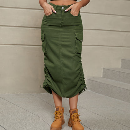 Drawstring Ruched Slit Denim Midi Skirt-Teresa&#39;s Fashionista LLC