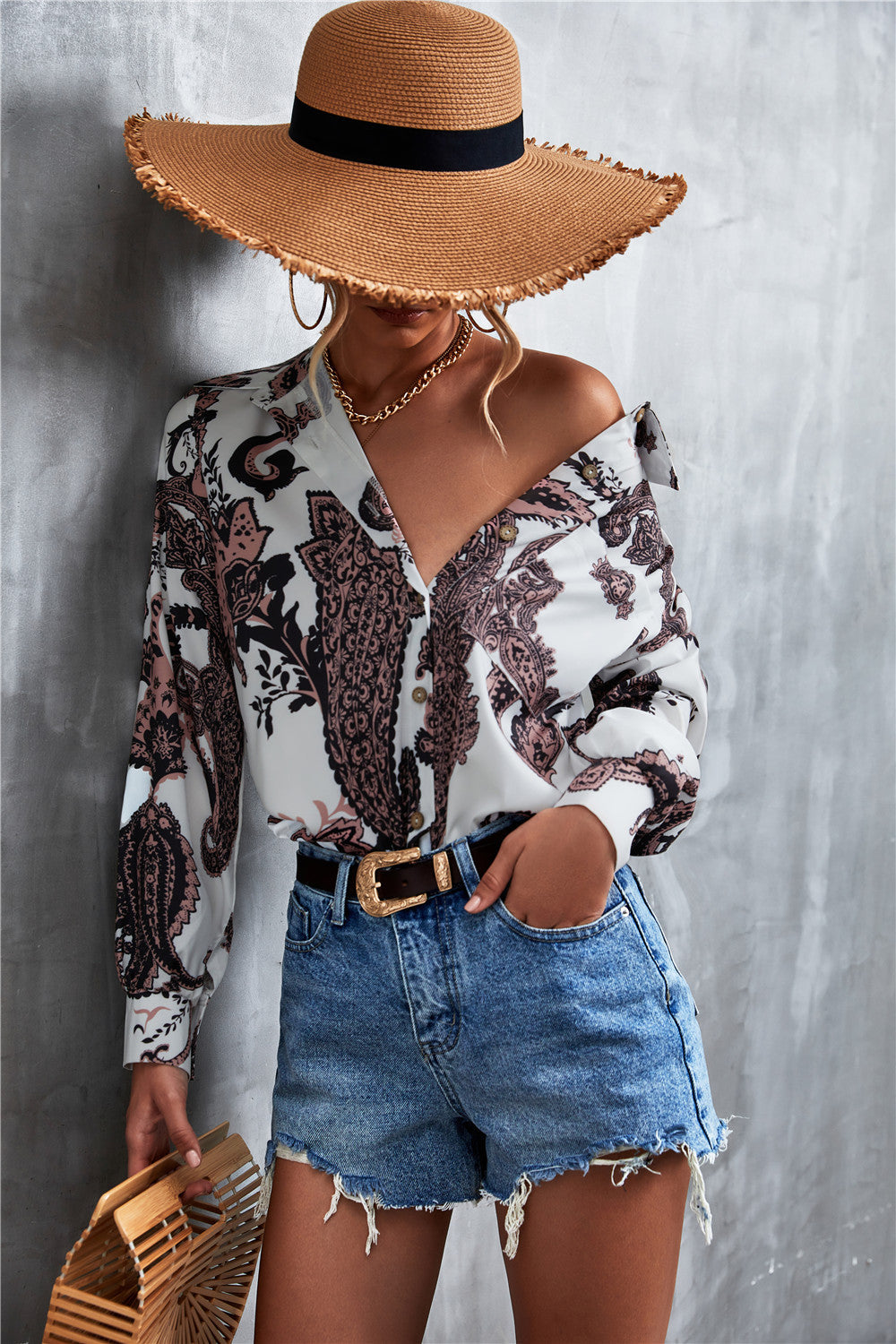 Printed Button Down Long Sleeve Shirt-Teresa&#39;s Fashionista LLC